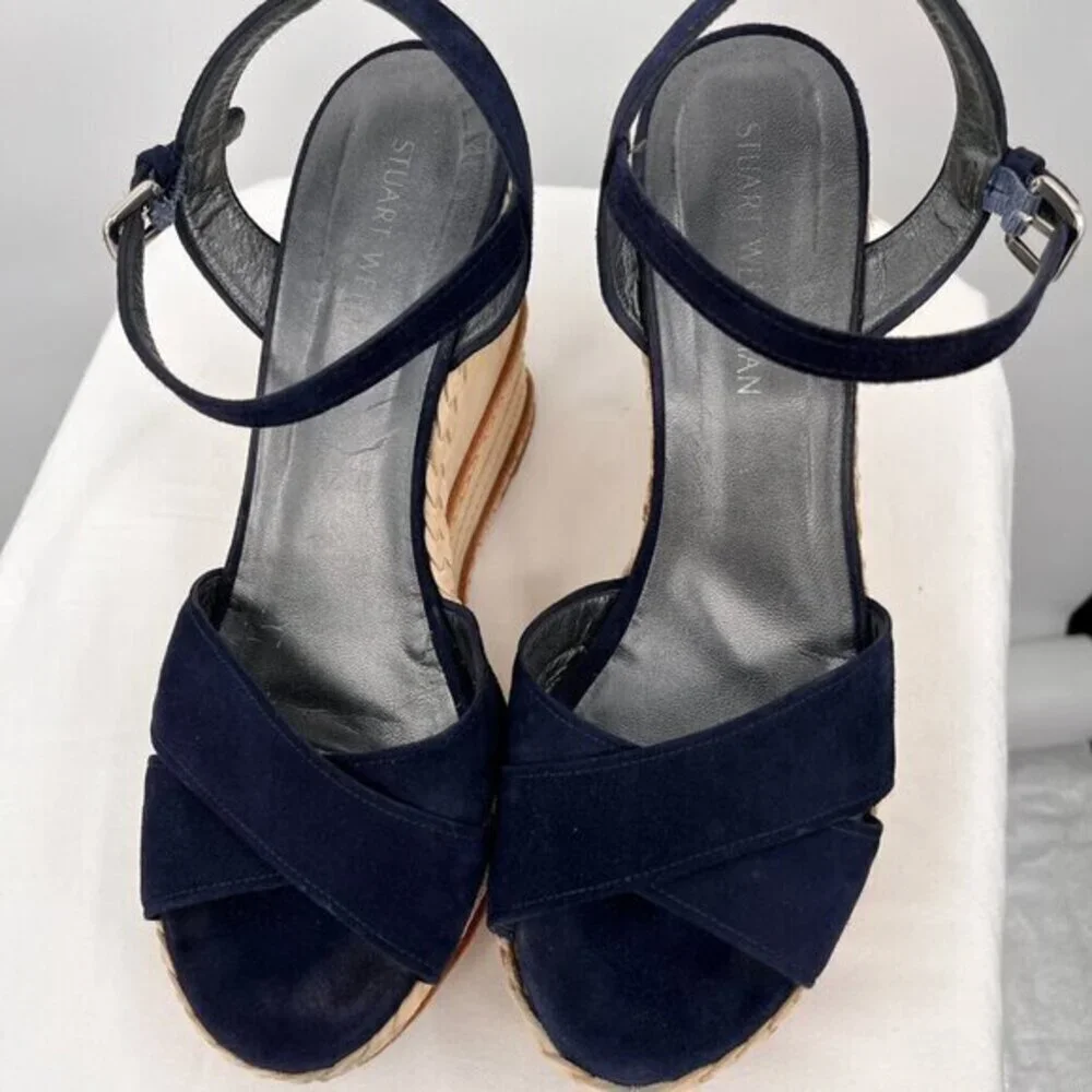 Stuart Weitzman Wedge Heeled Sandals Suede Navy Blue/Ivory 11.5 Ankle Strap Open